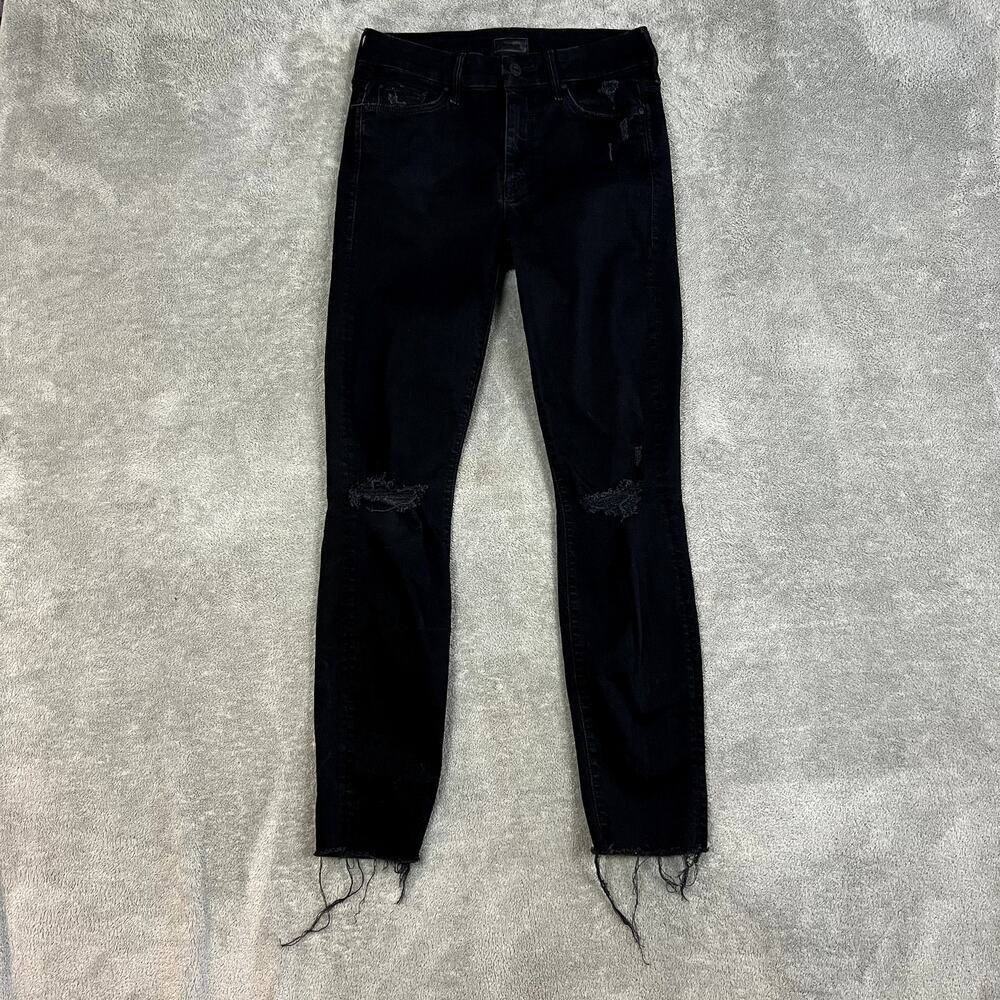 Mother the Looker Ankle Fray Jeans Womens 25 Black Distressed Stretch Denim